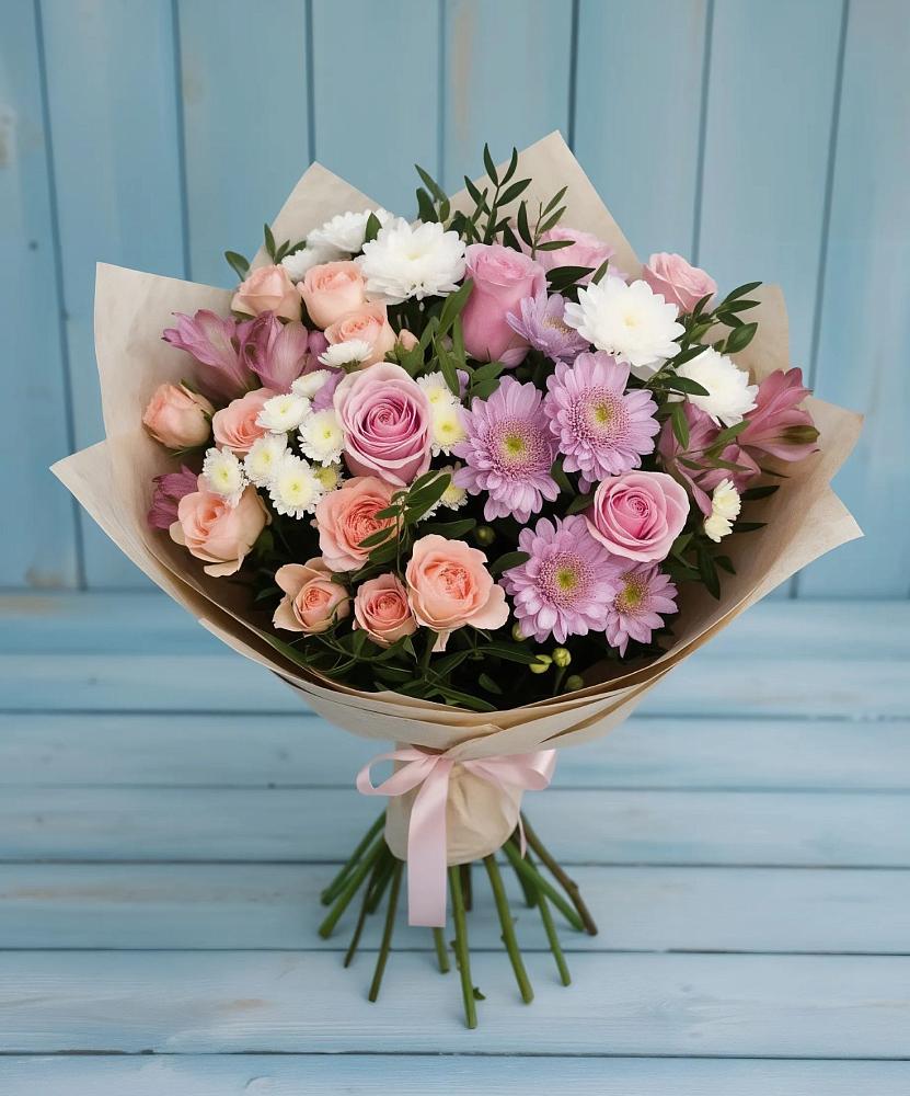 Букет цветов из: Хризантемы, Розы и Альстромерии в Богородское