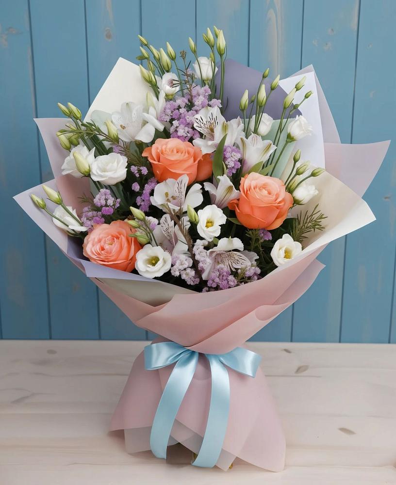 Букет цветов из: Лизиантусы, Розы, Альстромерии и Гипсофила в Богородское