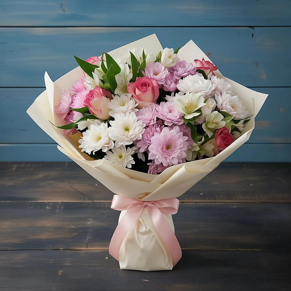 Букет цветов из: Хризантемы, Альстромерии и Розы в Богородское